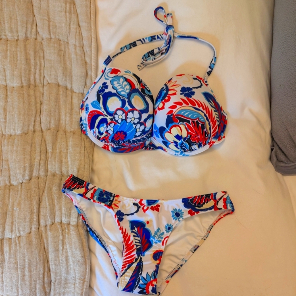 Floral Bikini Set with Red and Blue Accents